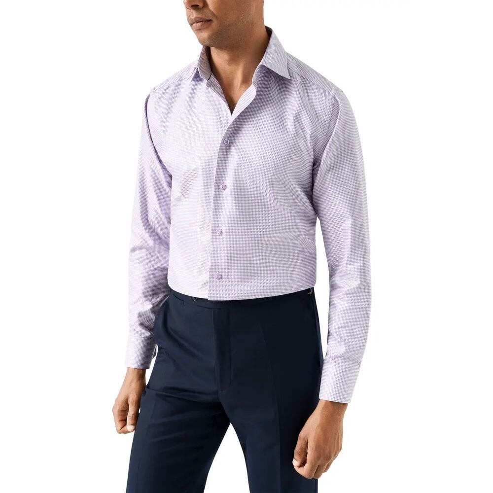 Eton Contemporary Fit Houndstooth Dress Shirt Purple 46 18 NWT